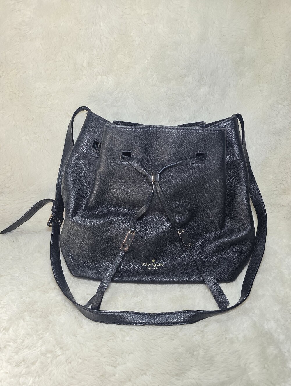 Kate Spade Black Pebbled Leather Drawstring Bucket Bag Shoulder Purse Gold NWOT